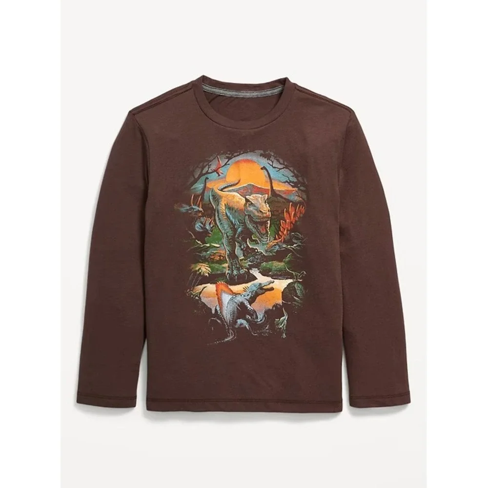 Old Navy Dinosaur Graphic Tee T Shirt Boys Youth Small 6-7 Long Sleeve Brown